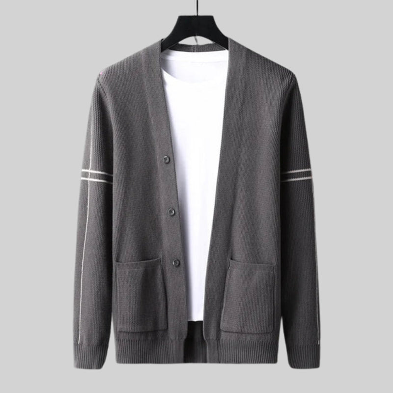 Woll Cardigan Herren Ärmelstreifen Knopfleiste Taschen