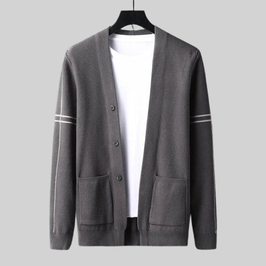 Woll Cardigan Herren Ärmelstreifen Knopfleiste Taschen