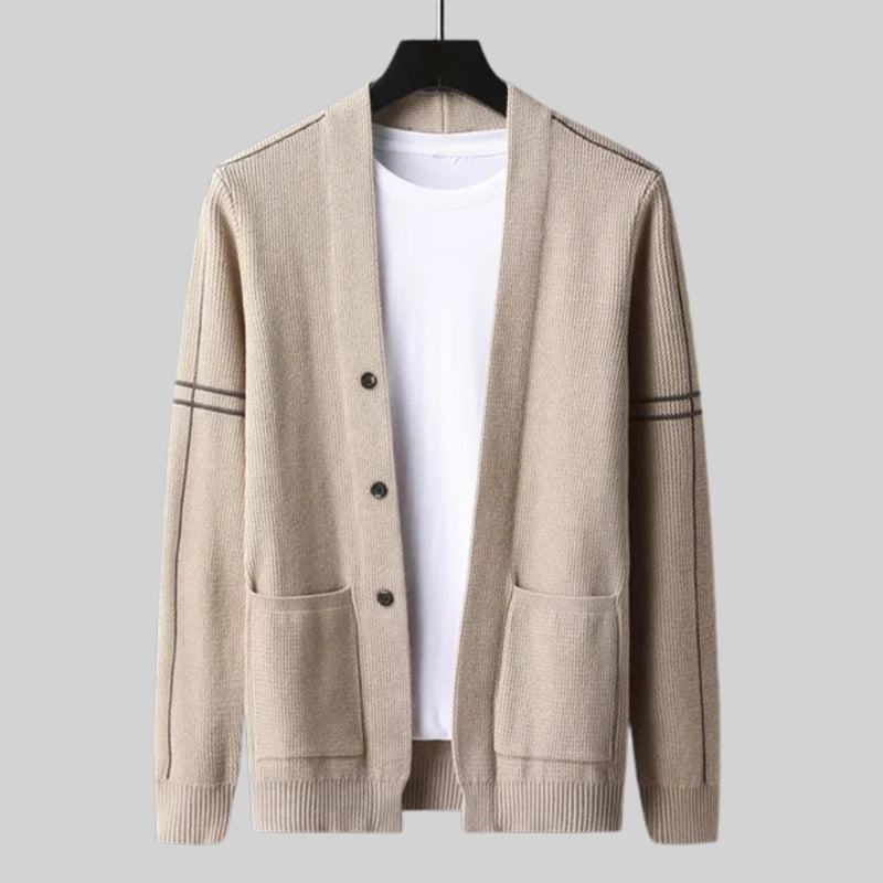 Woll Cardigan Herren Ärmelstreifen Knopfleiste Taschen