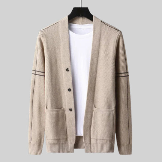 Woll Cardigan Herren Ärmelstreifen Knopfleiste Taschen