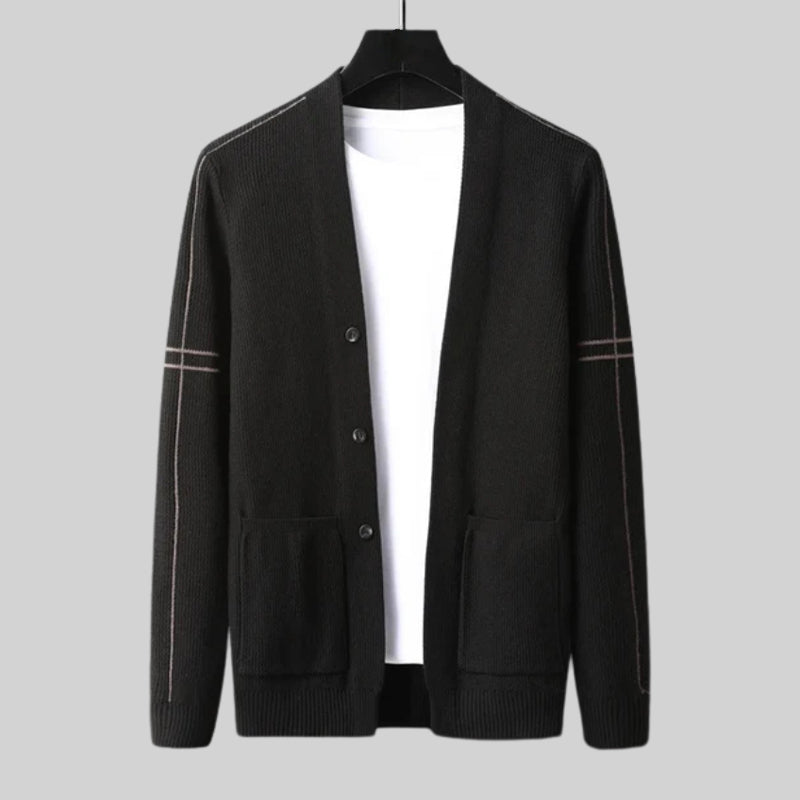 Woll Cardigan Herren Ärmelstreifen Knopfleiste Taschen