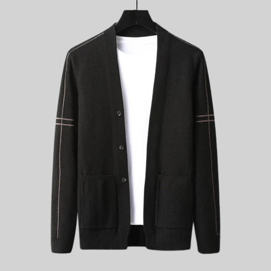 Woll Cardigan Herren Ärmelstreifen Knopfleiste Taschen