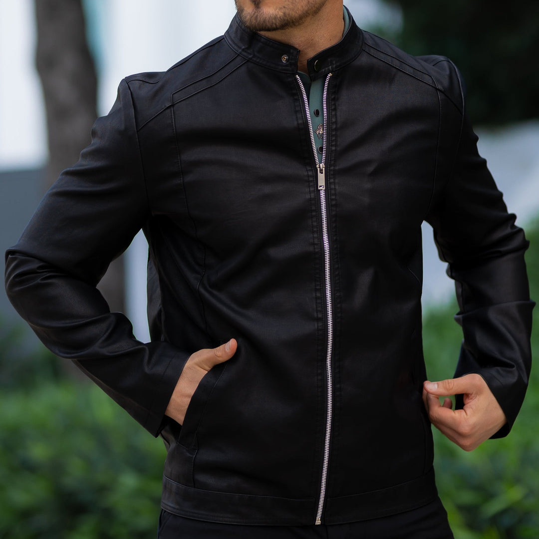 Kunstleder Bikerjacke Herren Stehkragen Moto Slim