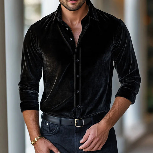 Eleganter Samt Hemd Herren Langarm Luxus Abend Casual