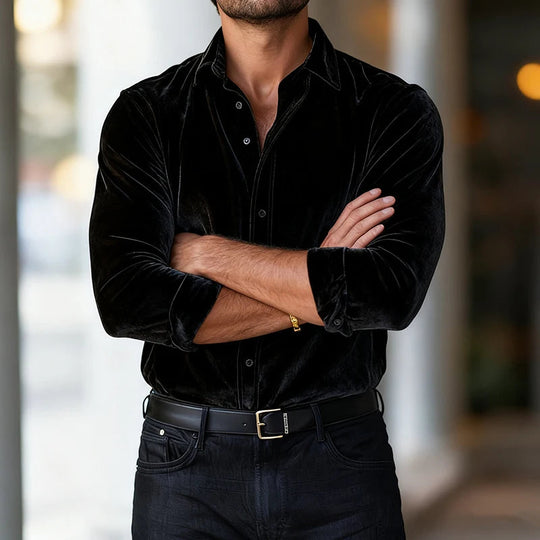 Eleganter Samt Hemd Herren Langarm Luxus Abend Casual