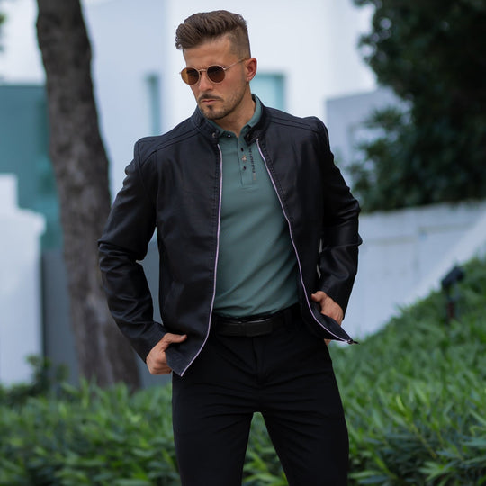 Kunstleder Bikerjacke Herren Stehkragen Moto Slim