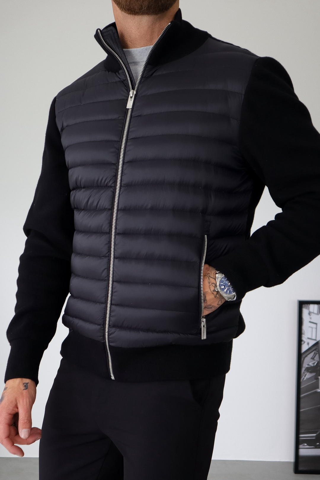Hybrid Jacke Herren Gesteppt Strickärmel Leicht Tailliert