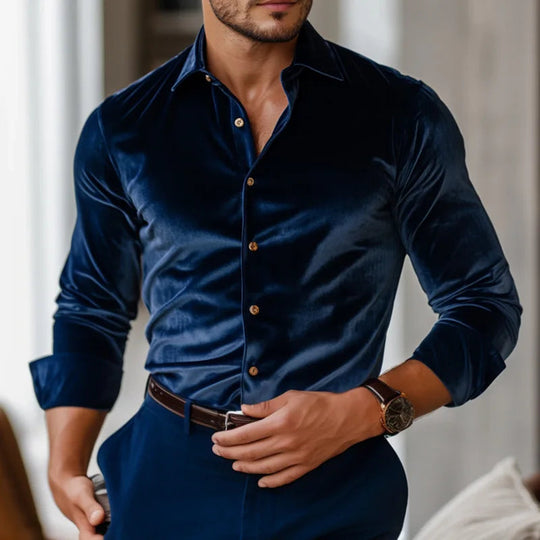 Eleganter Samt Hemd Herren Langarm Luxus Abend Casual