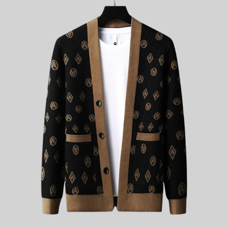Gemusterter Woll Cardigan Herren Knopfleiste Taschen