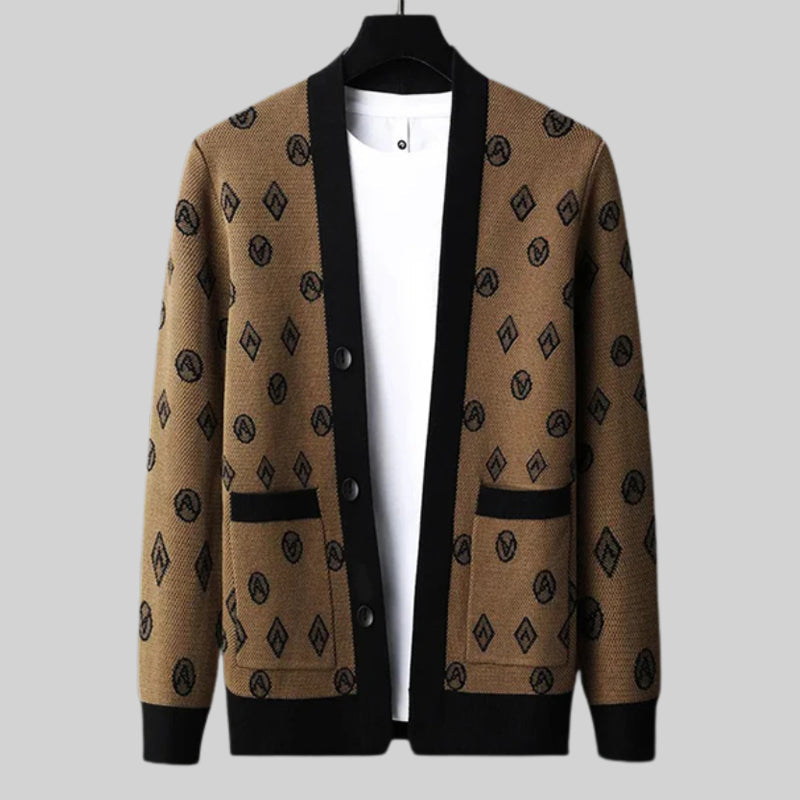 Gemusterter Woll Cardigan Herren Knopfleiste Taschen