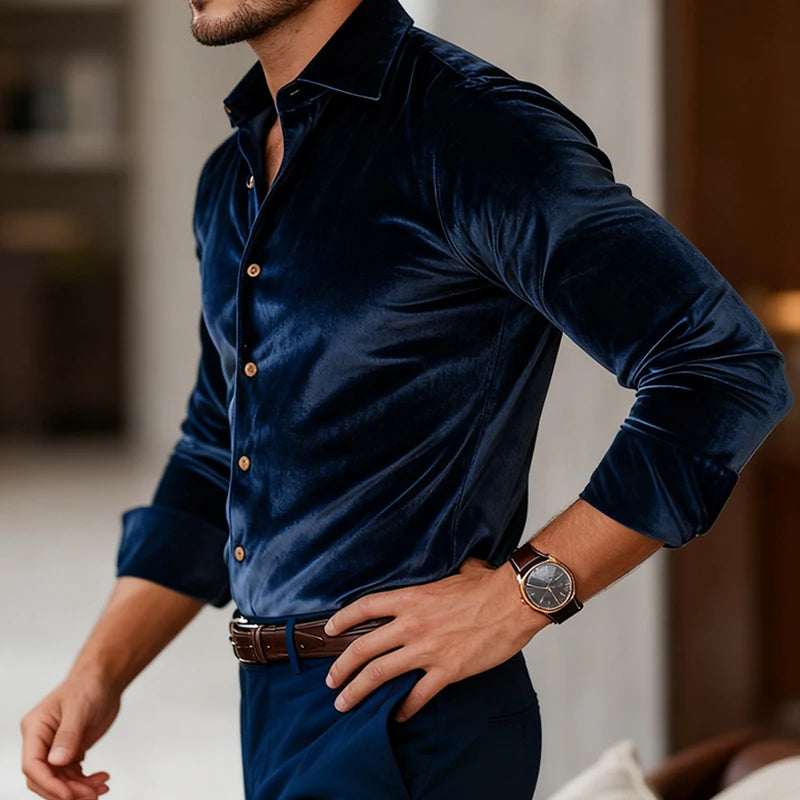 Eleganter Samt Hemd Herren Langarm Luxus Abend Casual