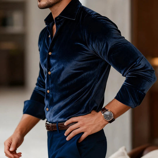 Eleganter Samt Hemd Herren Langarm Luxus Abend Casual