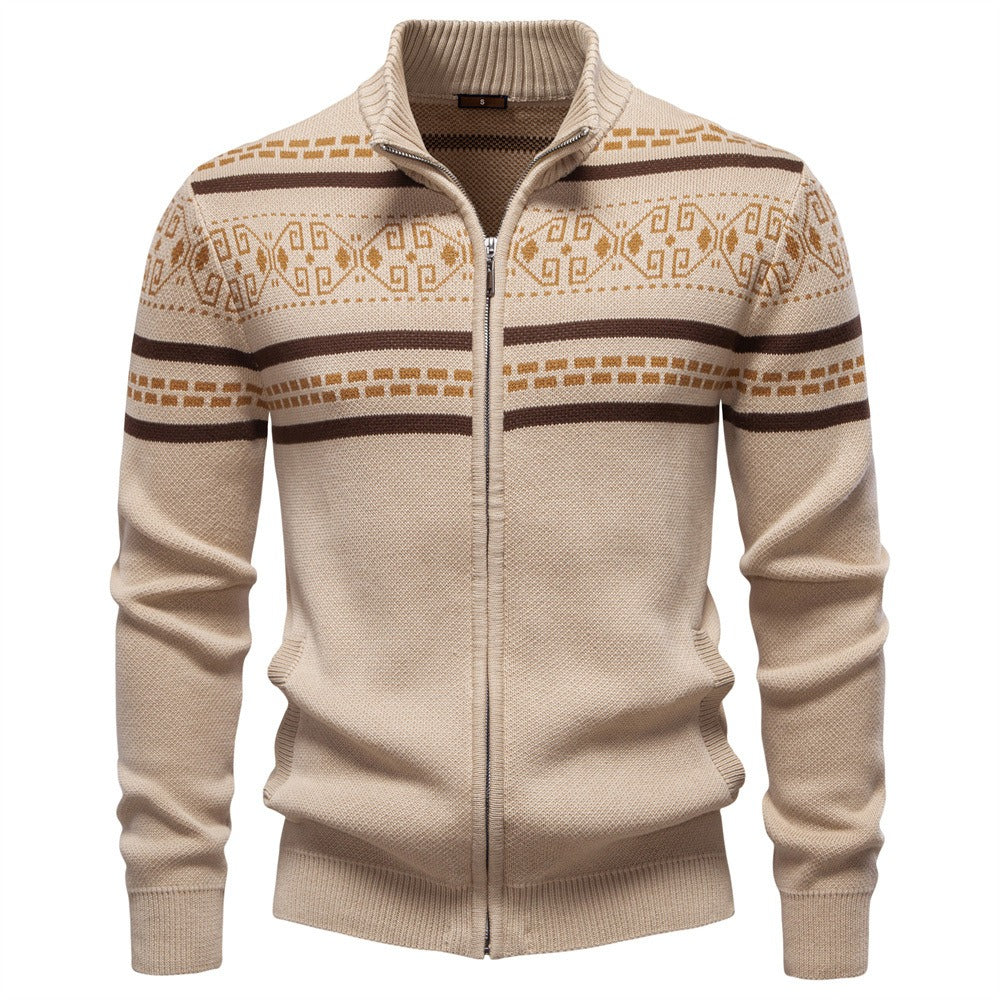 Nordisches Muster Zip Pullover Herren Stehkragen Strick