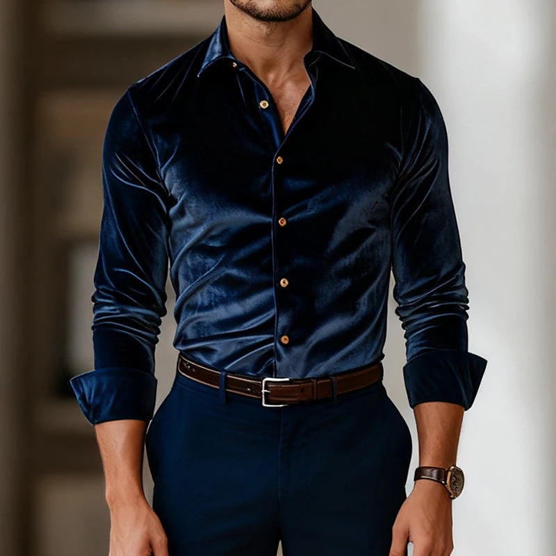 Eleganter Samt Hemd Herren Langarm Luxus Abend Casual