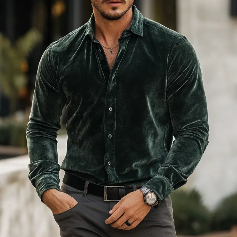 Eleganter Samt Hemd Herren Langarm Luxus Abend Casual