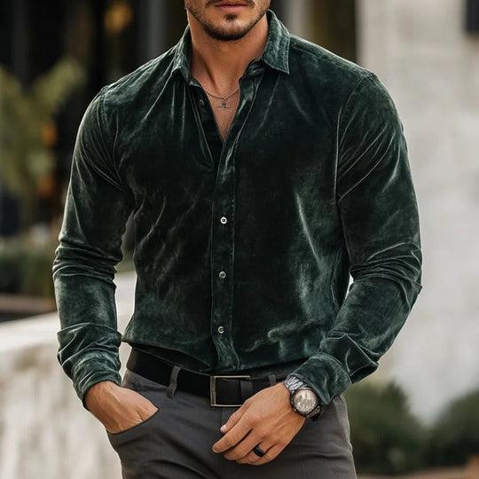 Eleganter Samt Hemd Herren Langarm Luxus Abend Casual