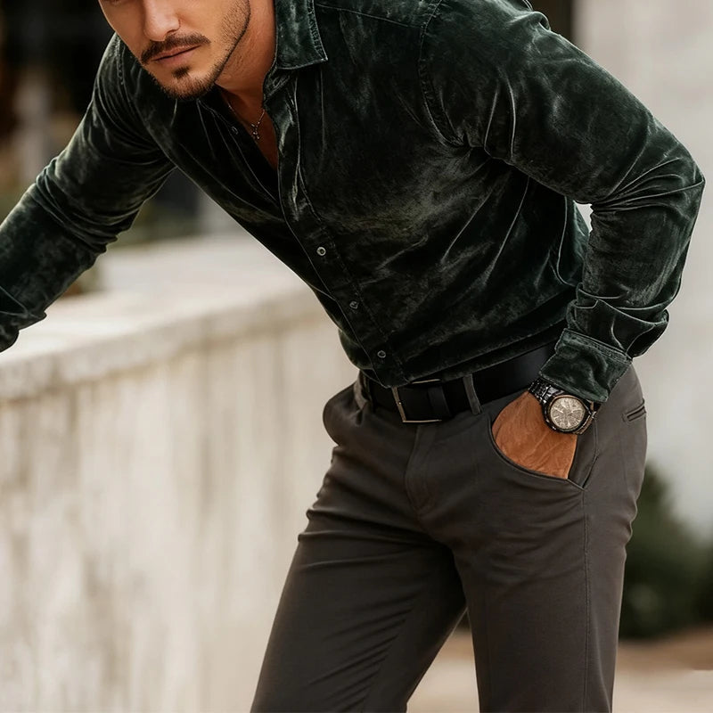 Eleganter Samt Hemd Herren Langarm Luxus Abend Casual