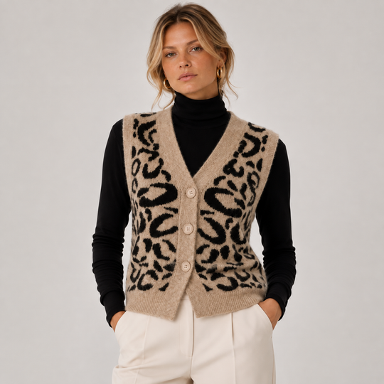Strickweste Damen Leoparden Muster Knopfleiste Pullunder