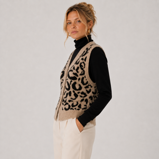 Strickweste Damen Leoparden Muster Knopfleiste Pullunder