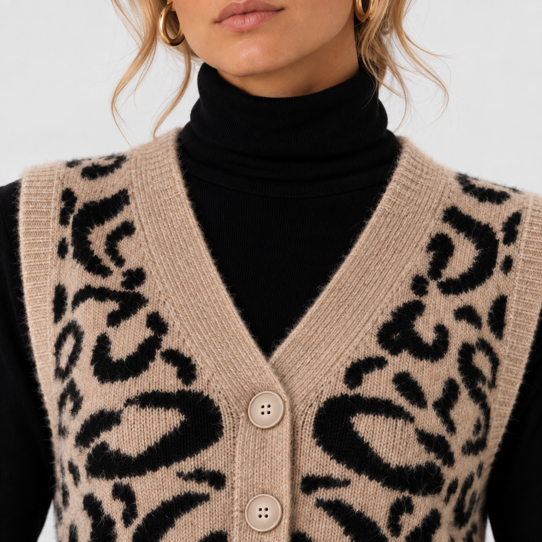 Strickweste Damen Leoparden Muster Knopfleiste Pullunder