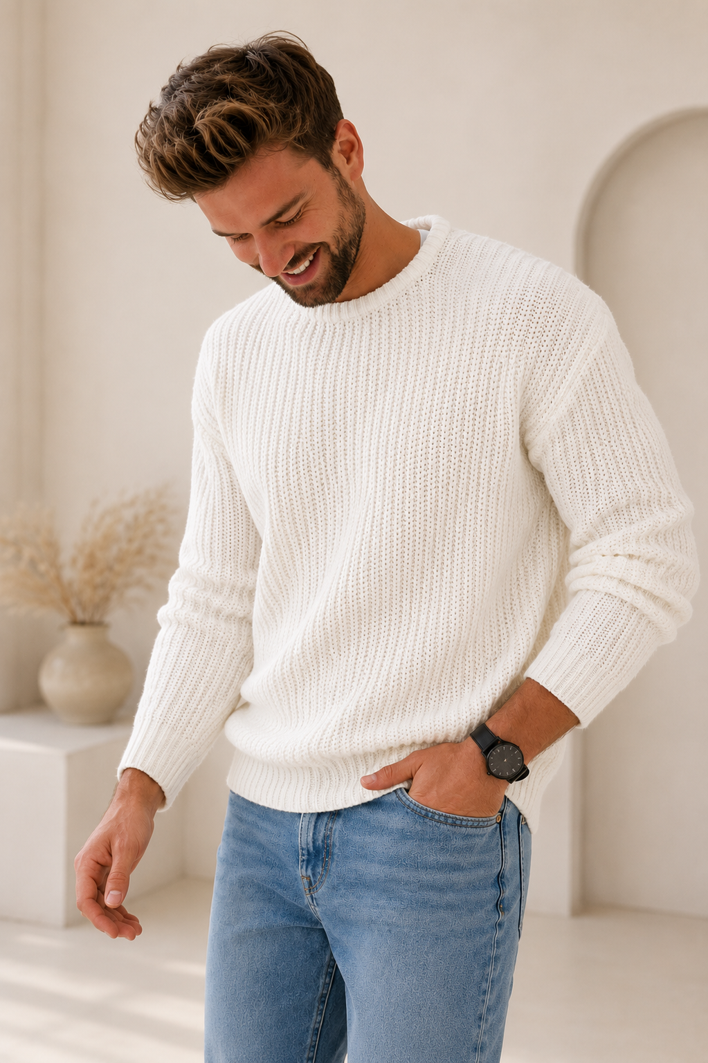 Grobstrick Pullover Herren Rundhals Warm Winter Weich