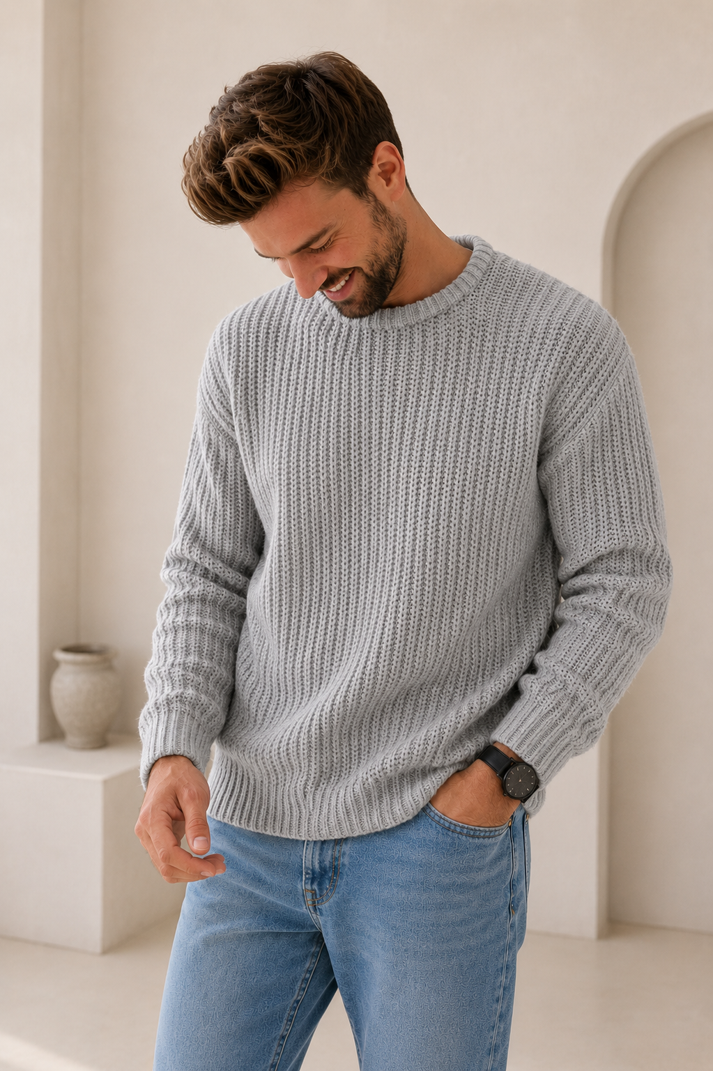 Grobstrick Pullover Herren Rundhals Warm Winter Weich