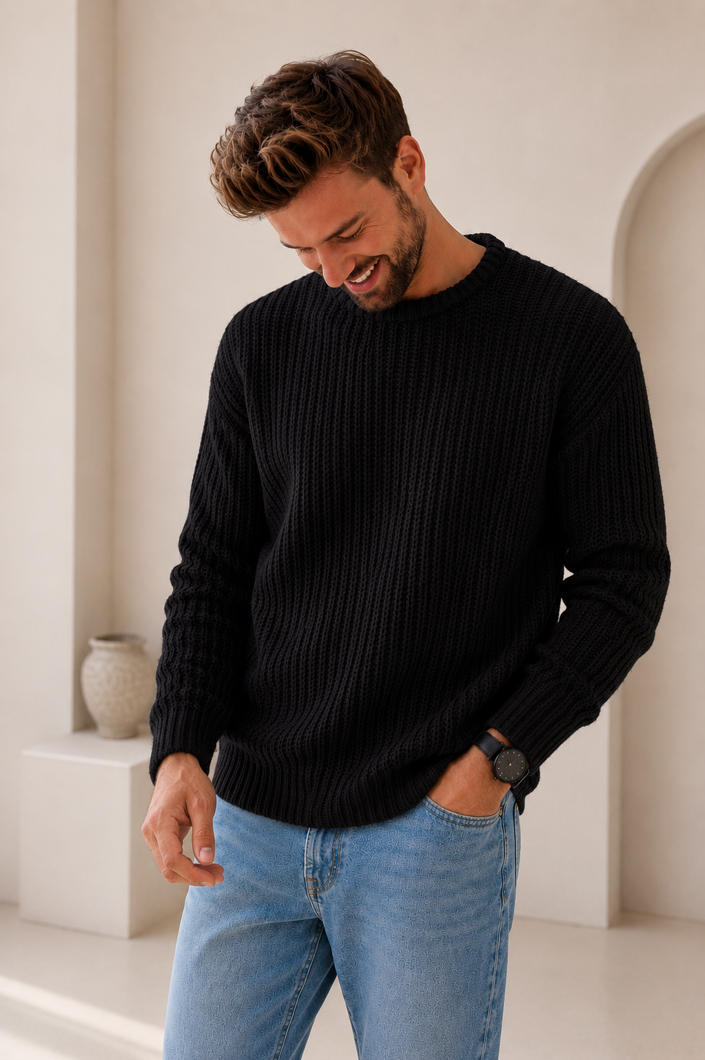 Grobstrick Pullover Herren Rundhals Warm Winter Weich