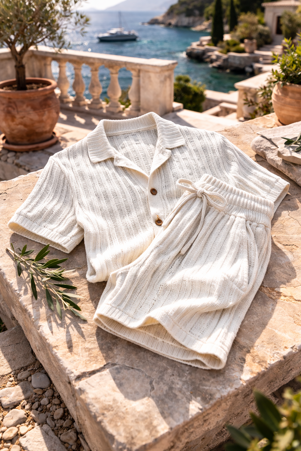 Strick Zweiteiler Set Herren Kurzarm Hemd Shorts Sommer