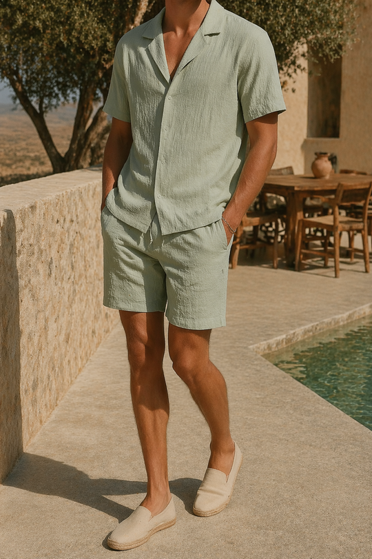 Leinen Zweiteiler Set Herren Kurzarm Hemd Shorts Sommer