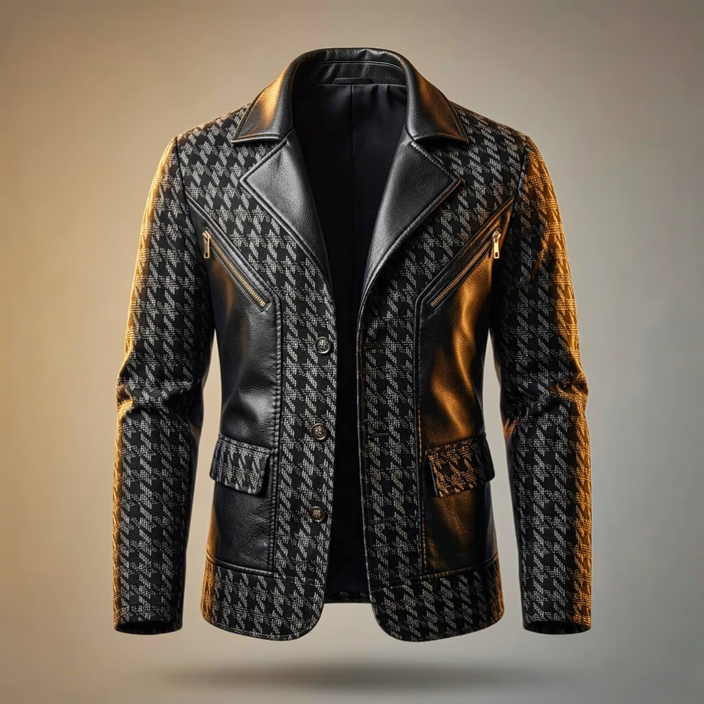Hahnentritt Leder Blazer Herren Elegant Business Sakko
