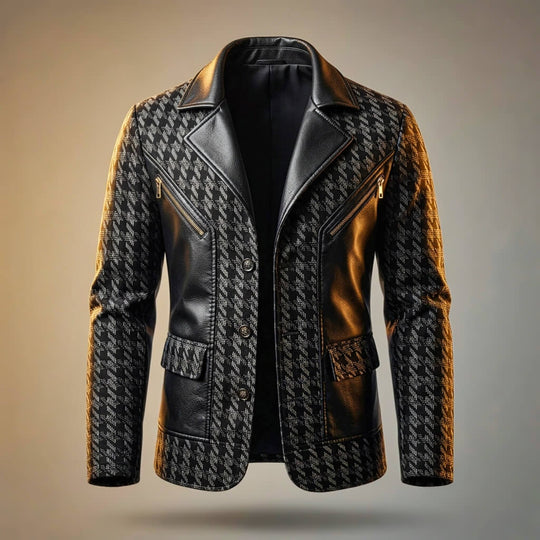 Hahnentritt Leder Blazer Herren Elegant Business Sakko