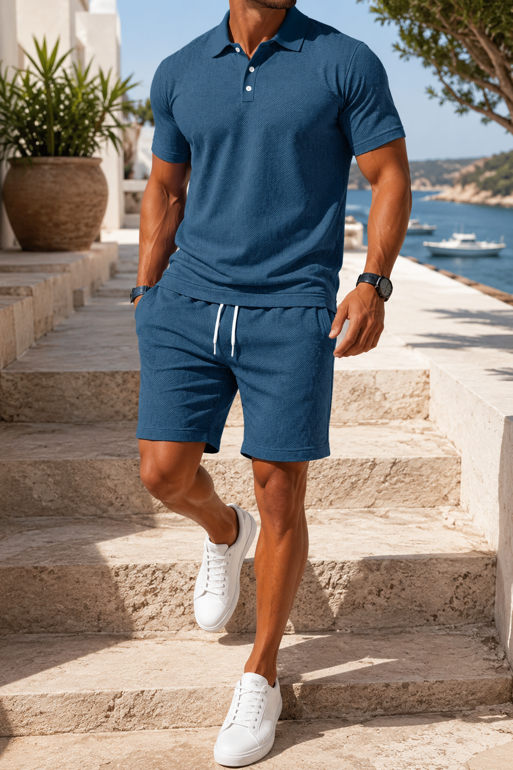Slim-Fit Baumwoll Polo Set Herren Shorts Sommer Casual