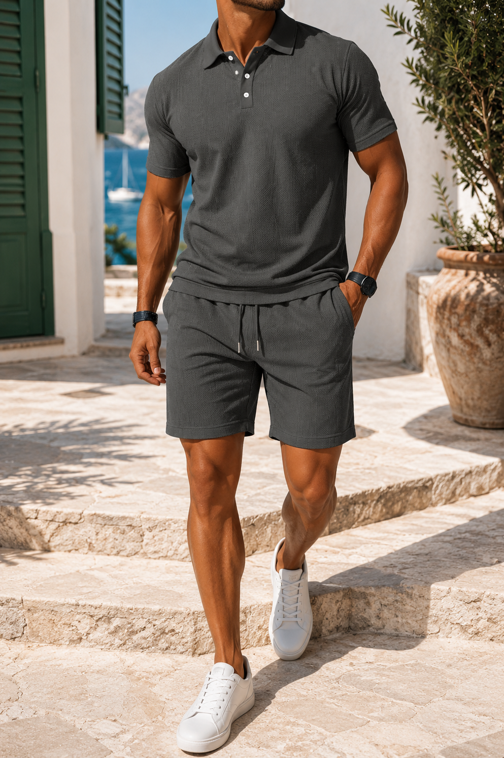 Slim-Fit Baumwoll Polo Set Herren Shorts Sommer Casual