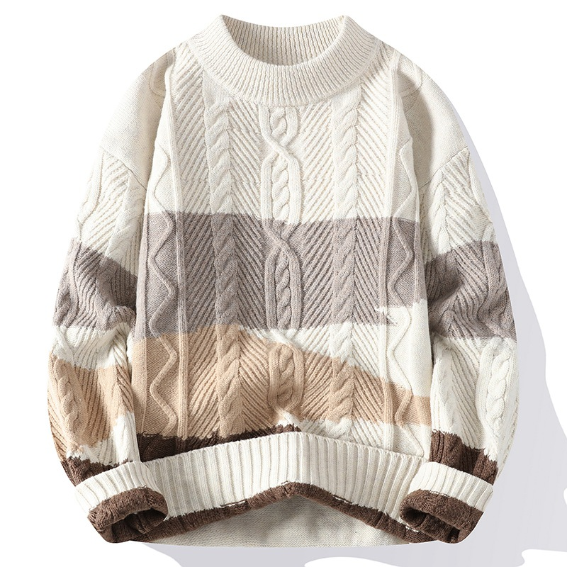 Zopfstrick Pullover Herren Rundhals Streifen Wolle
