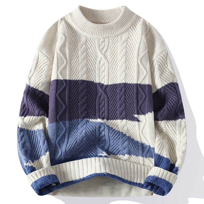 Zopfstrick Pullover Herren Rundhals Streifen Wolle