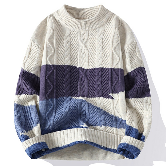Zopfstrick Pullover Herren Rundhals Streifen Wolle