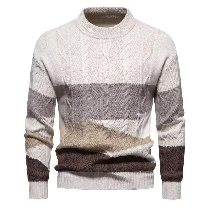 Zopfstrick Pullover Herren Rundhals Streifen Wolle