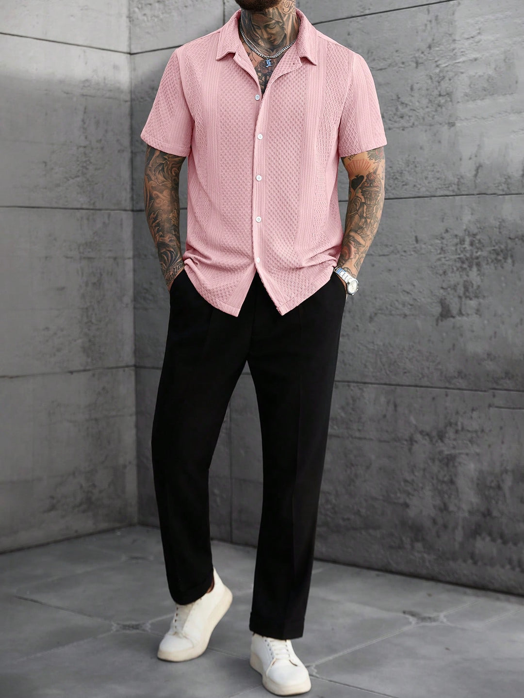 Jacquard Strick Kurzarmhemd Herren Sommer Textur Casual