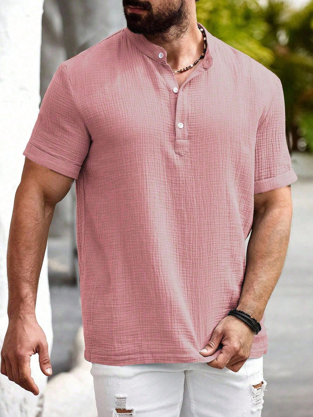 Leinen Baumwoll Henley Hemd Herren Kurzarm Sommer