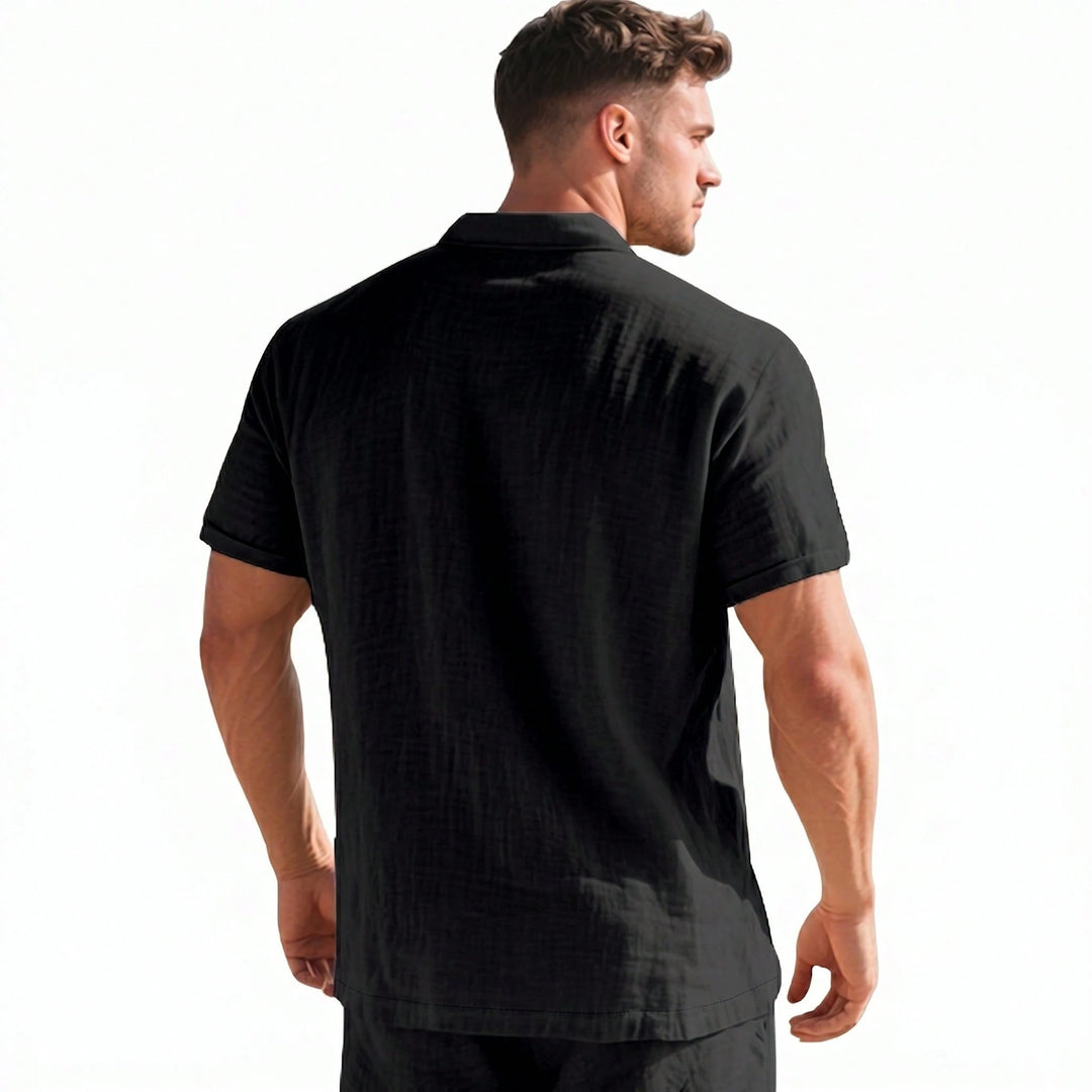 Leinen Henley Hemd Herren Kurzarm V-Ausschnitt Strand