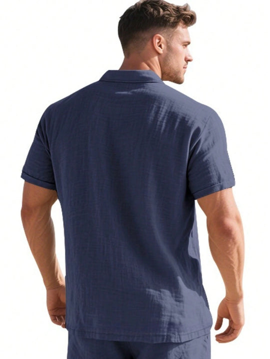 Leinen Henley Hemd Herren Kurzarm V-Ausschnitt Strand