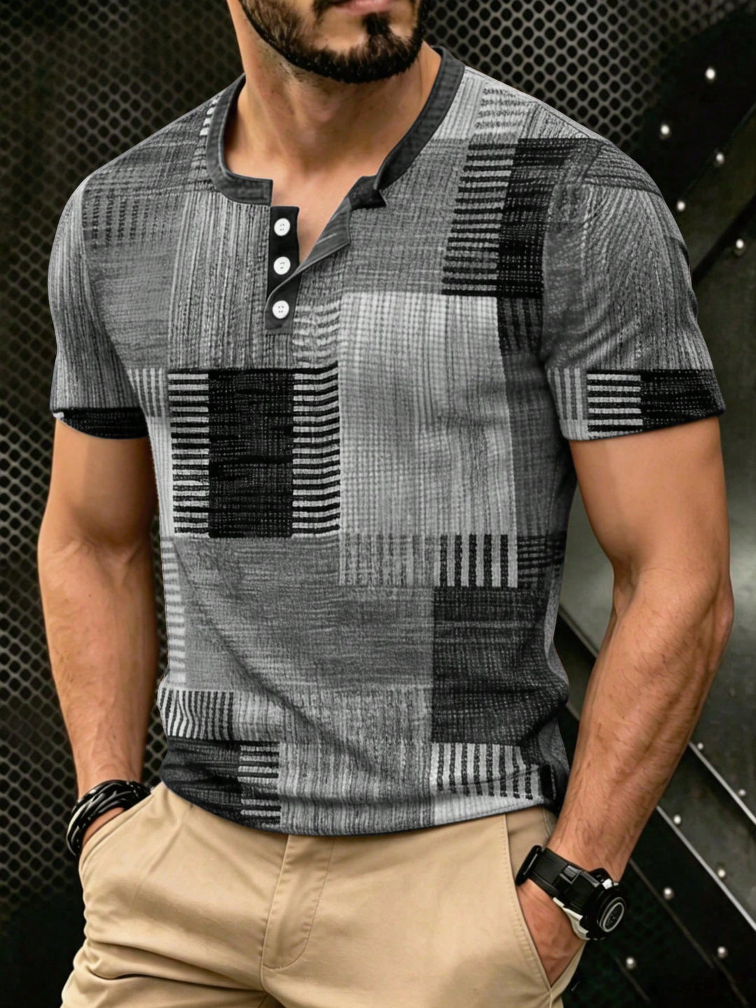 Kariertes 3D Print Henley Hemd Herren Kurzarm Sport