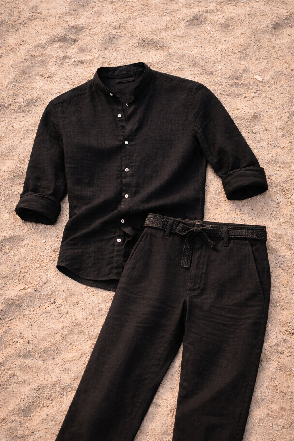 Leinen Zweiteiler Set Herren Grandad Hemd Hose Sommer