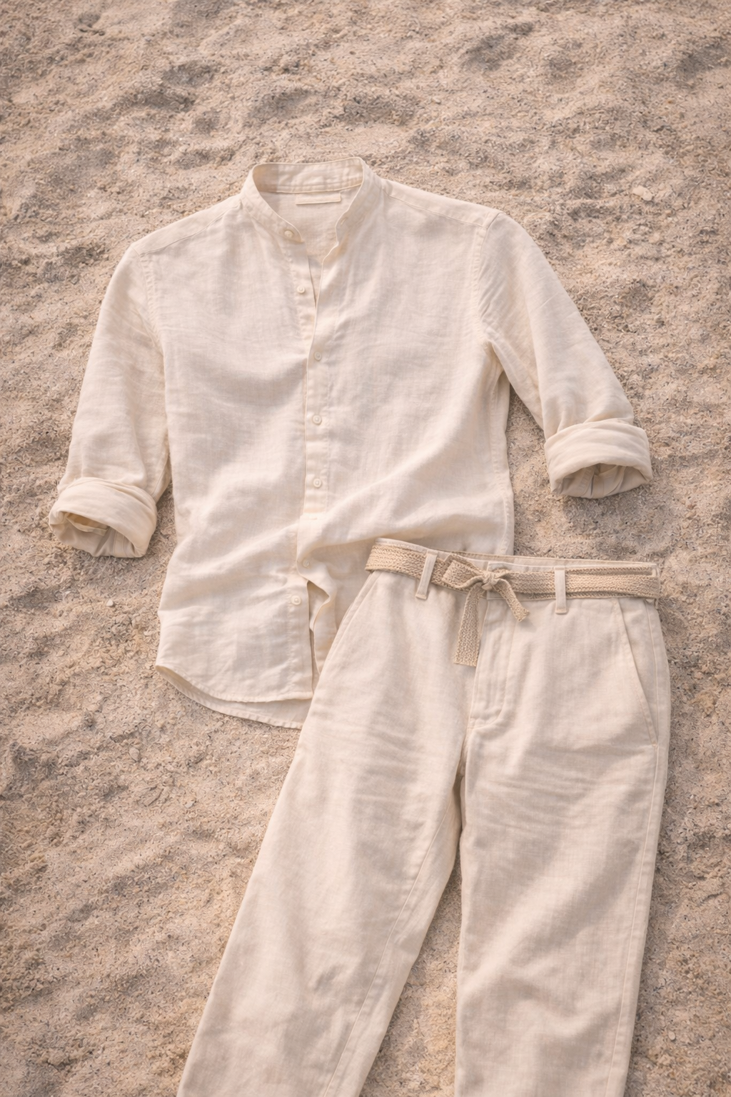 Leinen Zweiteiler Set Herren Grandad Hemd Hose Sommer