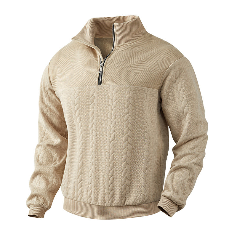 Zopfstrick Pullover Herren Wollmix Halbzip Rippbündchen