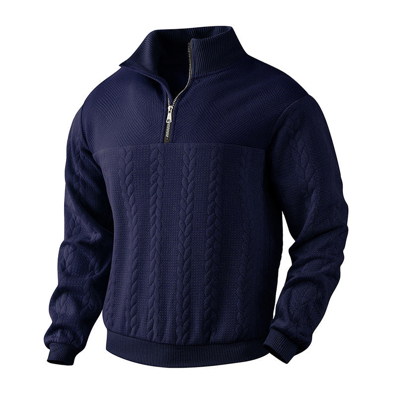 Zopfstrick Pullover Herren Wollmix Halbzip Rippbündchen