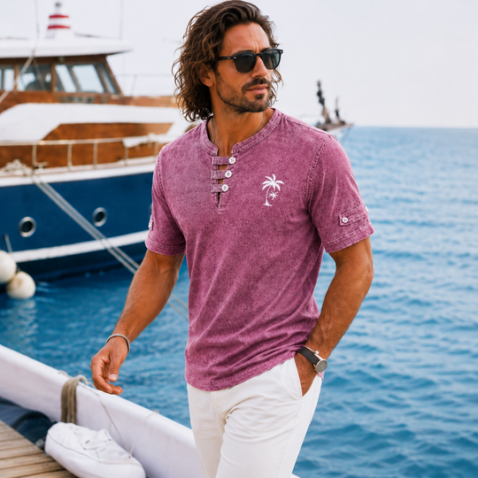 Vintage Washed Henley T-Shirt Herren Baumwolle Sommer