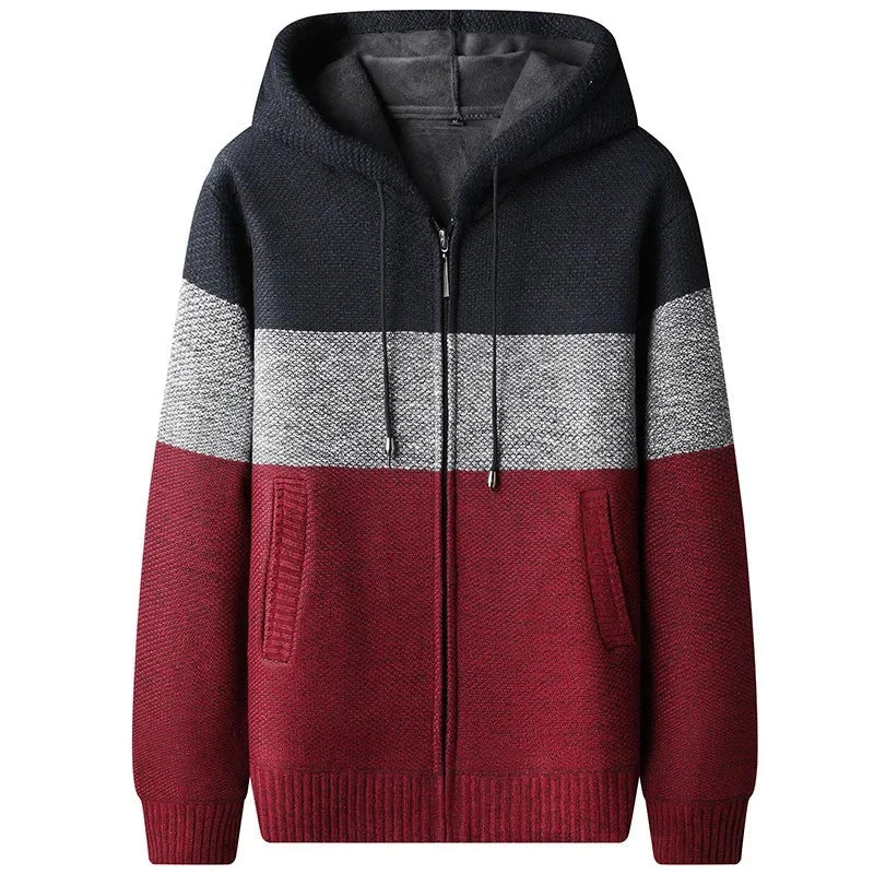 Woll Hoodie Herren Gestreift Fleecefutter Zip Kapuze
