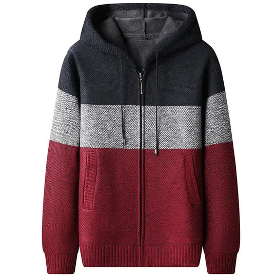 Woll Hoodie Herren Gestreift Fleecefutter Zip Kapuze