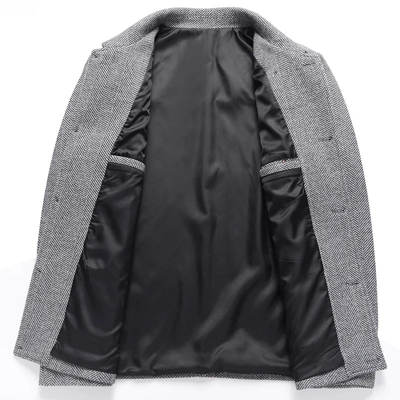 Fischgrat Wolljacke Herren Knopfleiste Zwei Taschen
